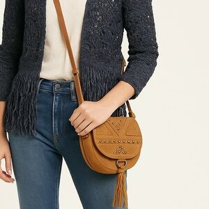 Lucky Brand Studded Suede & Leather Crossbody Bag with Tassel – Cognac Brown NWT